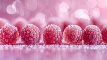 A close-up of sparkling raspberries arranged on a surface with a soft pink bokeh background. photo