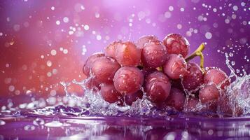 A cluster of grapes splashes in water, creating a vibrant and refreshing visual effect. photo