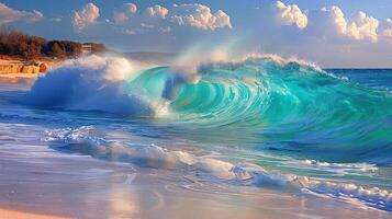 A vibrant ocean wave crashing on a sandy beach under a colorful sky. photo