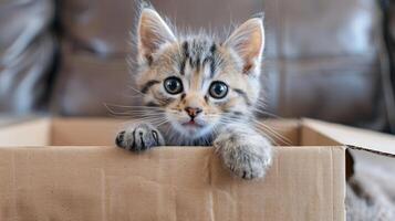 A cute kitten peeks out of a cardboard box, showcasing its playful and curious nature. photo