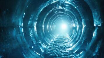 A view inside a futuristic, illuminated tunnel with shimmering water. photo