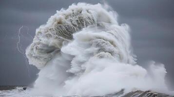 A dramatic image of a powerful ocean wave crashing against the shore under a stormy sky. photo