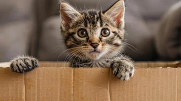 A curious kitten peeks over the edge of a cardboard box, showcasing its playful demeanor. photo