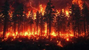 A dramatic forest fire engulfing trees, casting an ominous glow in a darkened sky. photo