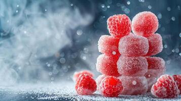 A stack of frosted gummy candies and fresh raspberries on a misty background. photo