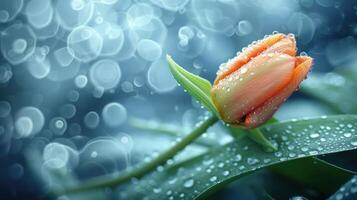 A close-up of a dew-covered orange tulip on a green leaf, set against a blurred blue background. photo