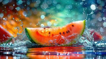 A vibrant watermelon slice splashes in water, creating a refreshing summer vibe. photo