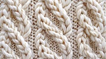 Close-up of a textured cream-colored knitted fabric with braided patterns. photo