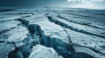 A vast icy landscape with deep cracks and textured ice formations under a moody sky. photo