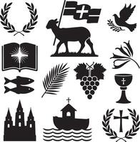 christian symbols set, including a cross, a lamb, a cross, a dove, a vector
