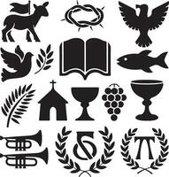 a set of religious symbols including a cross, dove, dove, olive branch, olive branch, vector
