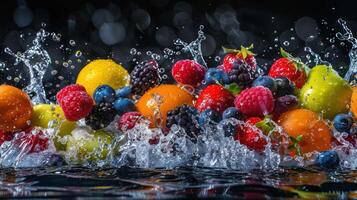 A vibrant splash of assorted fruits creating a refreshing visual effect. photo