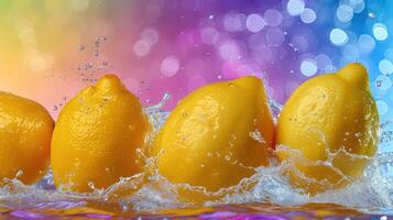 Fresh lemons splashing in water against a colorful bokeh background. photo