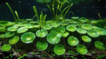 A lush underwater scene featuring vibrant green lily pads and aquatic plants. photo
