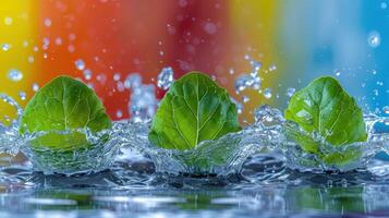 Three fresh green leaves splashing in water against a colorful background. photo