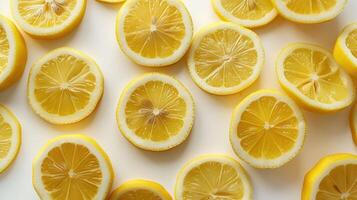 Sliced lemons arranged on a surface, showcasing their vibrant yellow color and texture. photo