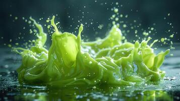 Vibrant green liquid splash creating dynamic motion and visual interest. photo