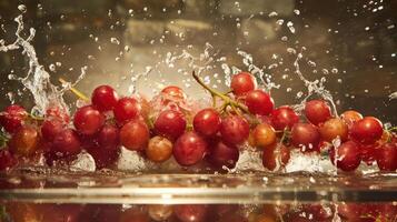 Grapes splashing into water, creating dynamic visual effects. photo