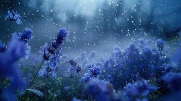 A serene scene of purple flowers in a misty setting with falling snowflakes. photo