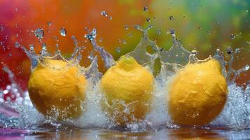 Three lemons splashing in water against a colorful background. photo