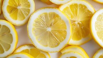 A close-up view of fresh lemon slices arranged aesthetically. photo