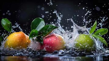 Fresh fruits splashing in water, showcasing vibrant colors and dynamic motion. photo