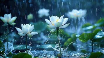 A serene scene of white lotus flowers amidst rain, creating a tranquil atmosphere. photo