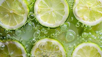 Fresh lemon slices submerged in sparkling water with bubbles. photo