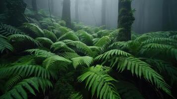 Lush ferns blanket a misty forest floor, creating a serene and tranquil atmosphere. photo