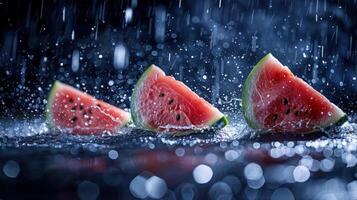 Slices of watermelon splashing in water with a blurred background. photo
