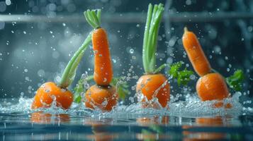 Fresh carrots splashing in water, highlighting their vibrant color and freshness. photo
