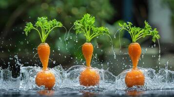 Three carrots with green tops splashing in water, creating a vibrant and playful scene. photo