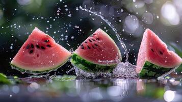 Juicy watermelon slices splashing in water, creating a refreshing and vibrant scene. photo