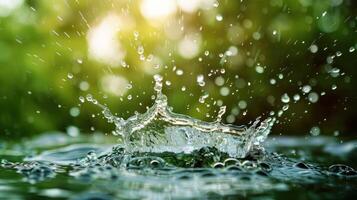 A splash of water creating droplets against a blurred green background. photo