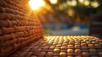 A close-up of a woven chair illuminated by sunlight, creating a warm, inviting atmosphere. photo