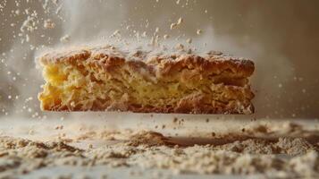 A biscuit suspended in air, surrounded by flour particles, showcasing baking in action. photo