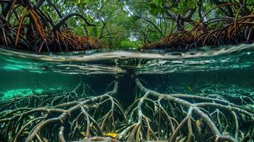 A serene underwater view of mangrove roots, showcasing aquatic life and lush greenery. photo