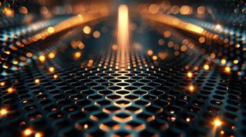 A close-up view of a textured metallic surface with glowing lights in a futuristic setting. photo