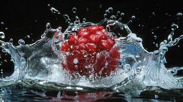 A raspberry splashes into water, creating dynamic droplets and highlighting freshness. photo