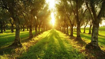 A sunlit olive grove with lush greenery and shadows stretching along the path. photo