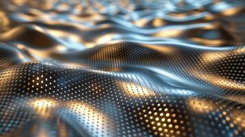 Abstract metallic surface with perforations and reflective lighting. photo