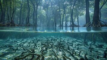 A serene underwater view of a mangrove forest with roots and clear water. photo