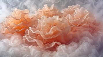 Ethereal peach-colored flowers emerge from a misty background, creating a dreamy atmosphere. photo