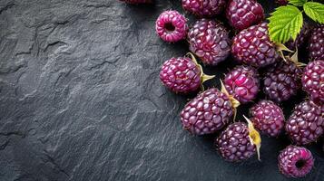 A close-up of fresh blackberries on a dark stone surface, showcasing their texture and color. photo