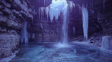 A serene icy cave with a waterfall and icicles, creating a tranquil winter scene. photo