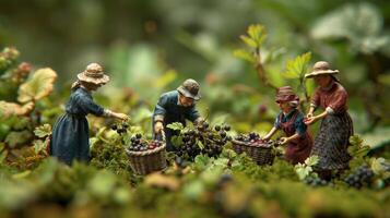 Miniature figures harvesting berries in a lush, green setting. photo