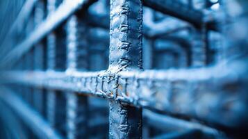 Close-up of a blue-toned rebar structure, showcasing industrial materials and design. photo