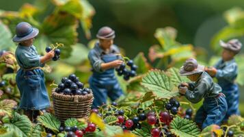 Miniature figures harvesting berries in a lush green setting. photo
