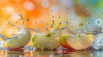 Slices of apple splashing in water against a colorful background. photo