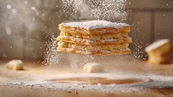 A floating dessert with powdered sugar cascading over layers of pastry and cream. photo